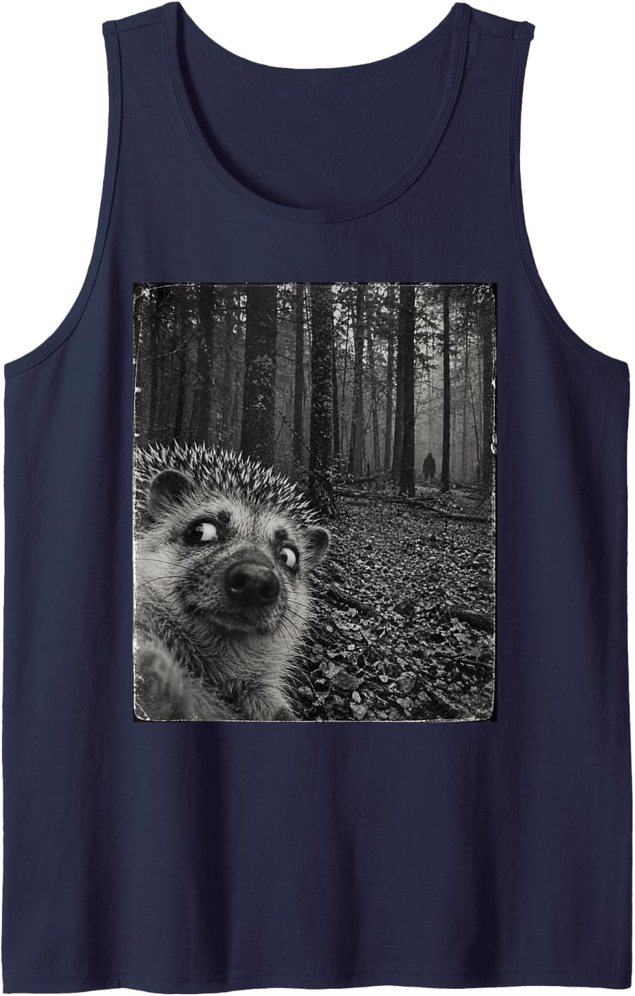 Funny Bigfoot Running After Hedgehog Selfie Animal Sleeveless Tank Top - Navy Blue