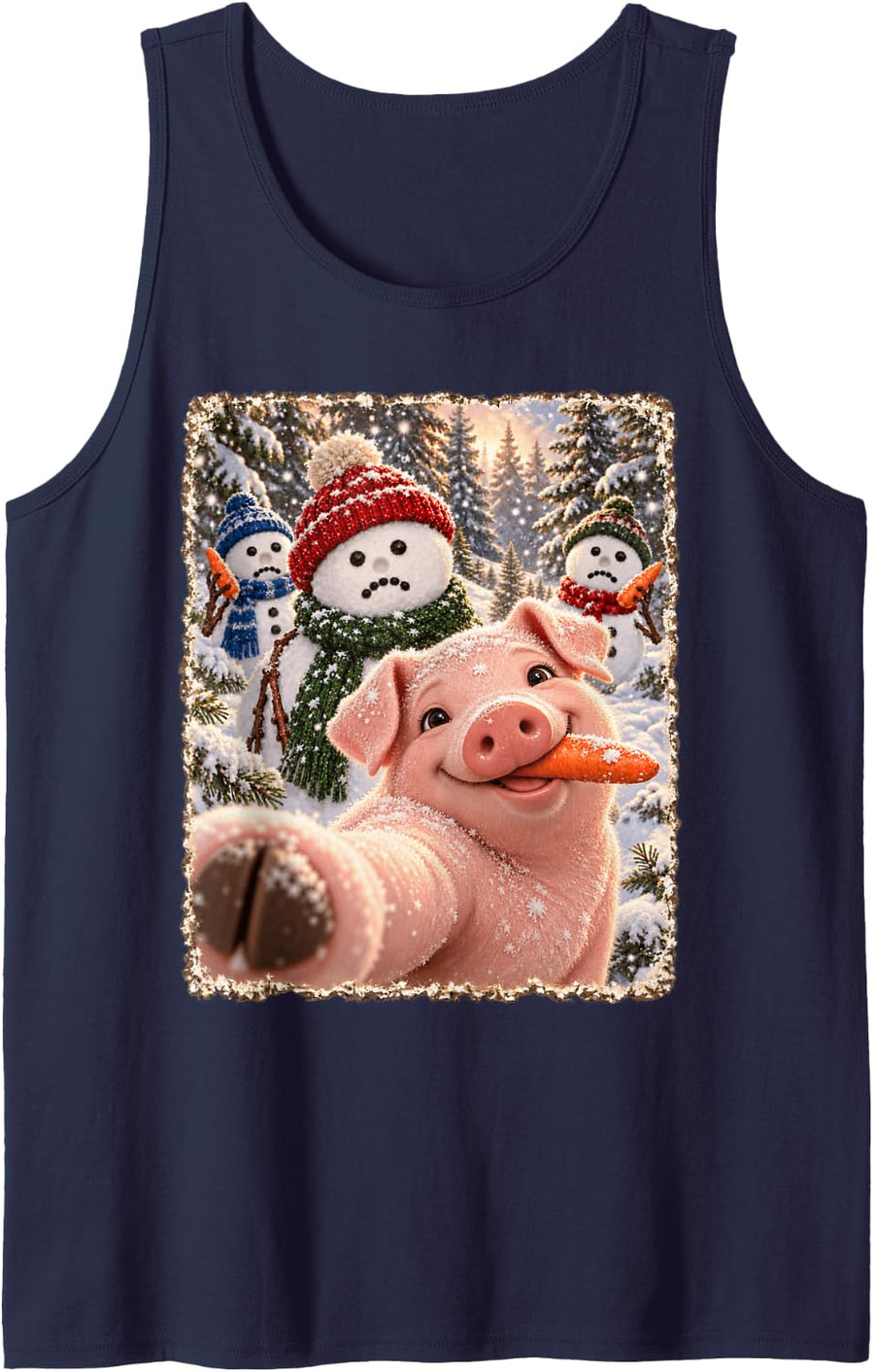 Funny Pig Silly Christmas Snowman Selfie Sleeveless Tank Top - Navy Blue