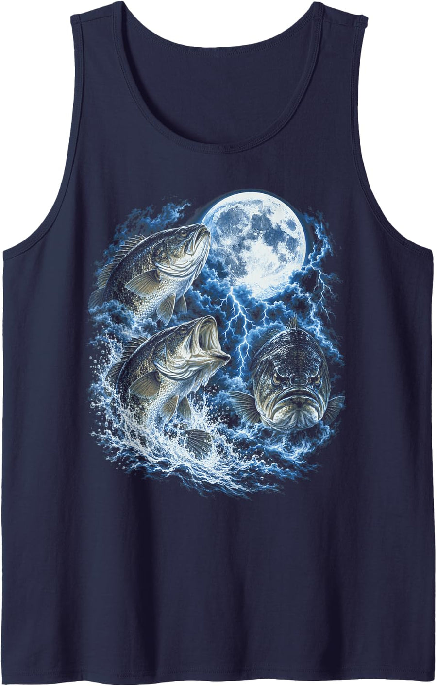 Fishing Bass Season Moon Lightning Largemouth Night Anglers Sleeveless Tank Top - Navy Blue