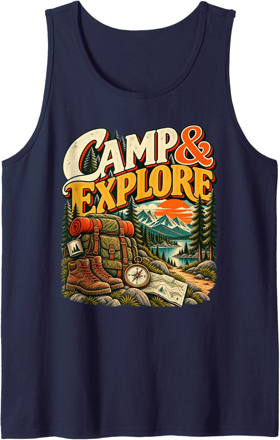 Camp and Explore Vintage Hiking Camping Adventure Sleeveless Tank Top - Navy Blue