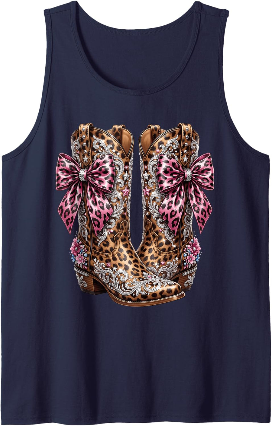 Cowgirl Boots Coquette Bow Rodeo Western Cute Cowboy Boots Sleeveless Tank Top - Navy Blue
