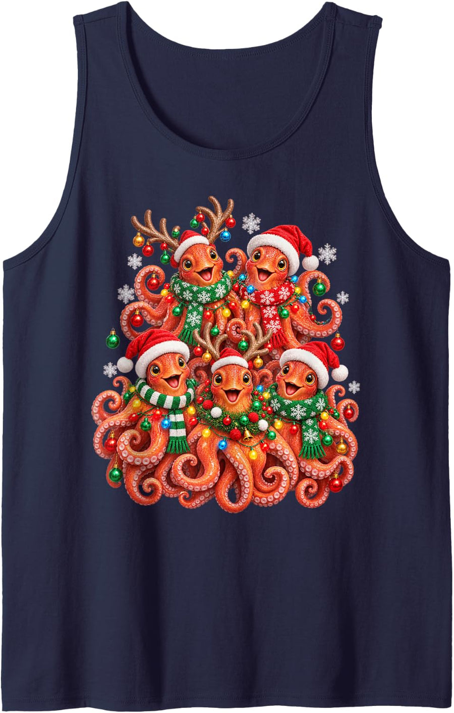 Christmas Lights Octopus Santa Funny Xmas Trees Sleeveless Tank Top - Navy Blue