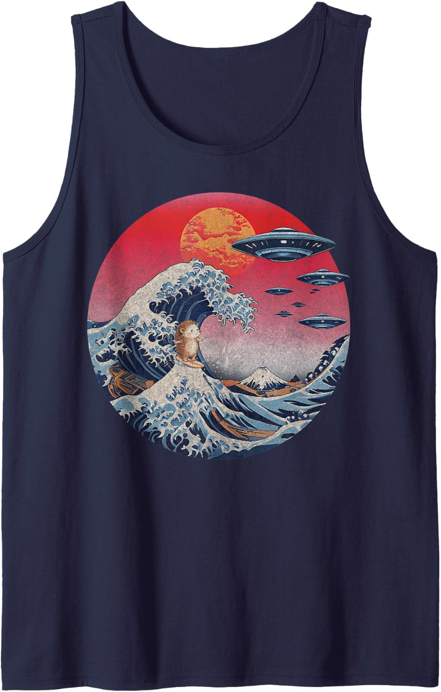 Great Wave Off Kanagawa Japanese UFO Flying Saucers Hedgehog Sleeveless Tank Top - Navy Blue