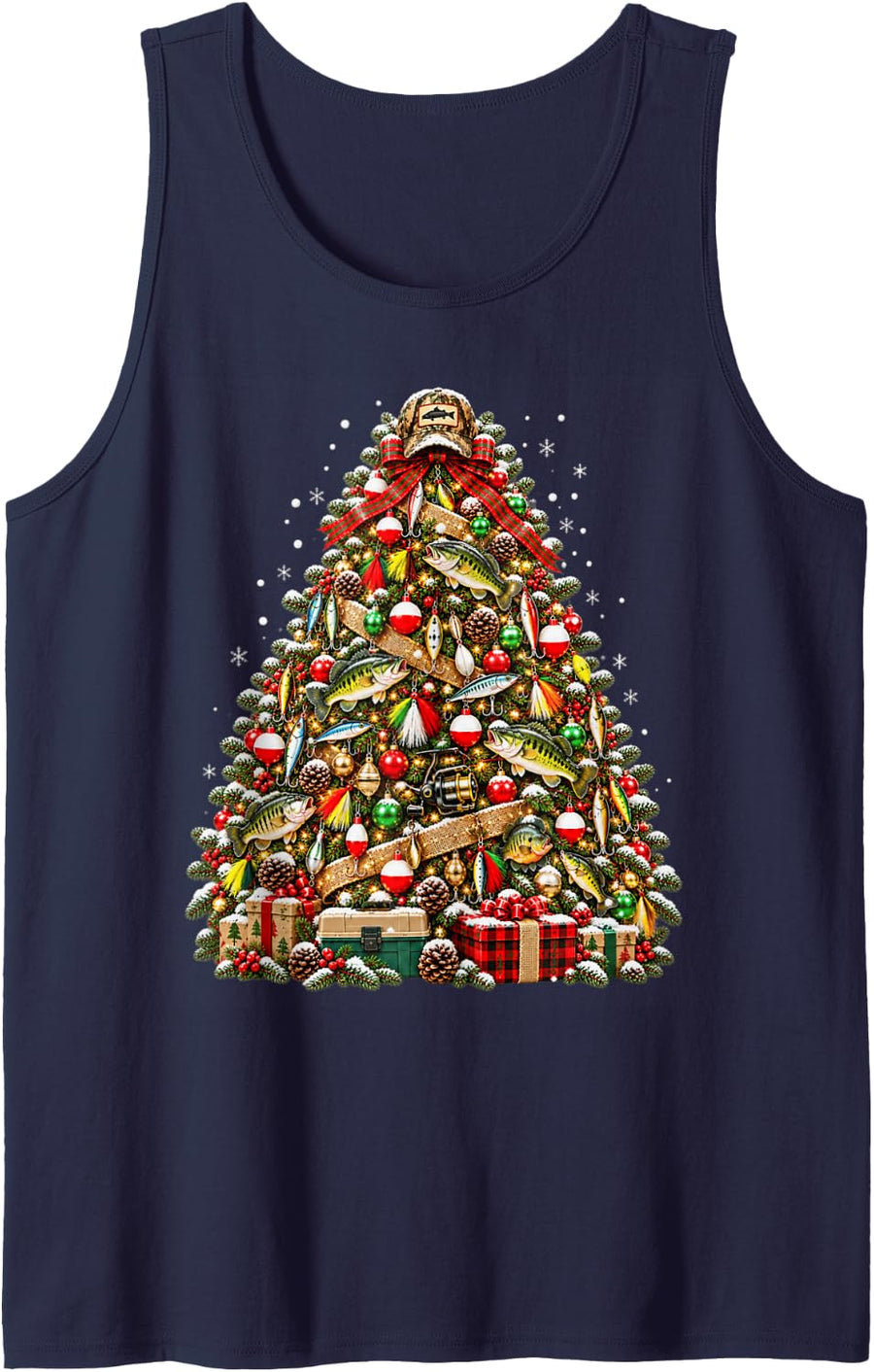 Fishing Christmas Tree Fisherman Angler Holiday Bass Xmas Sleeveless Tank Top - Navy Blue