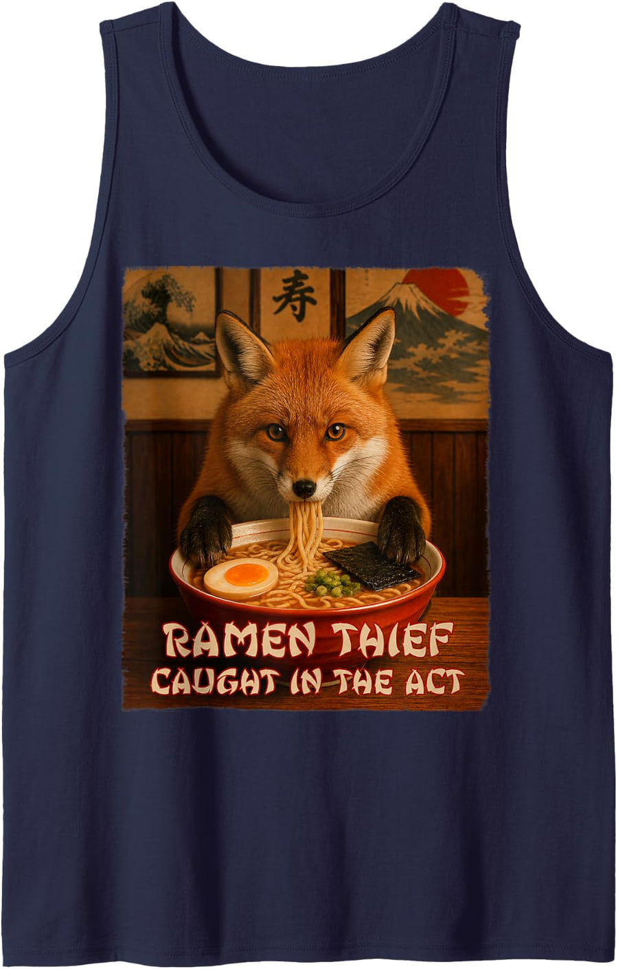 Funny Red Fox Kitsune Graphic Tee - Ramen Thief Tank Top - Navy Blue