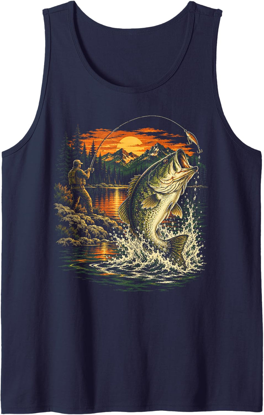 Bass Fishing Sunset Catch Illustration for Outdoor Anglers Sleeveless Tank Top - Navy Blue