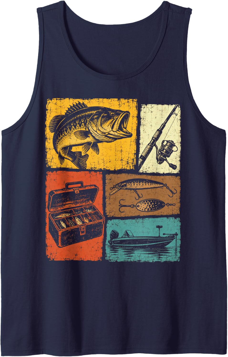 Fishing Bass Season Vintage Rod Tackle Box Lure Boat Sleeveless Tank Top - Navy Blue