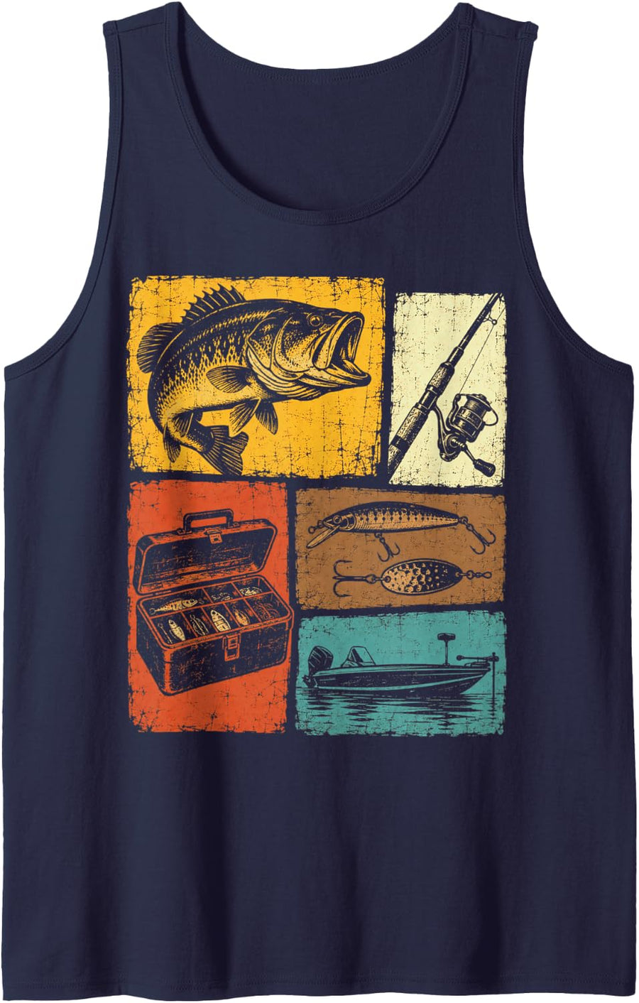 Fishing Bass Season Vintage Rod Tackle Box Lure Boat Sleeveless Tank Top - Navy Blue