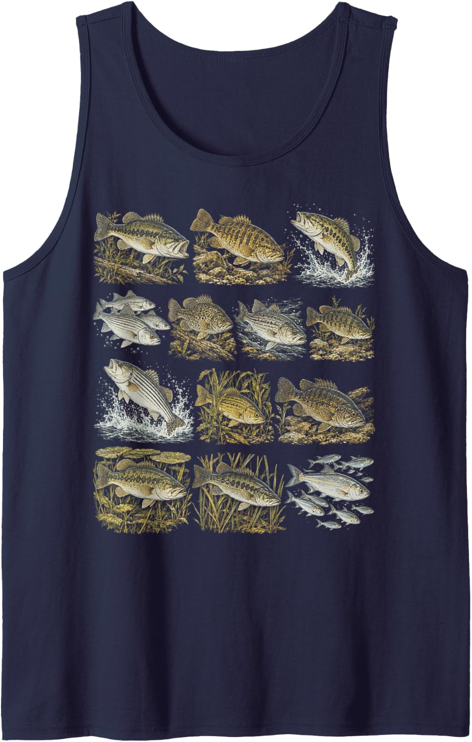 Fishing Bass Season Largemouth Striper Fish Collage Sleeveless Tank Top - Navy Blue