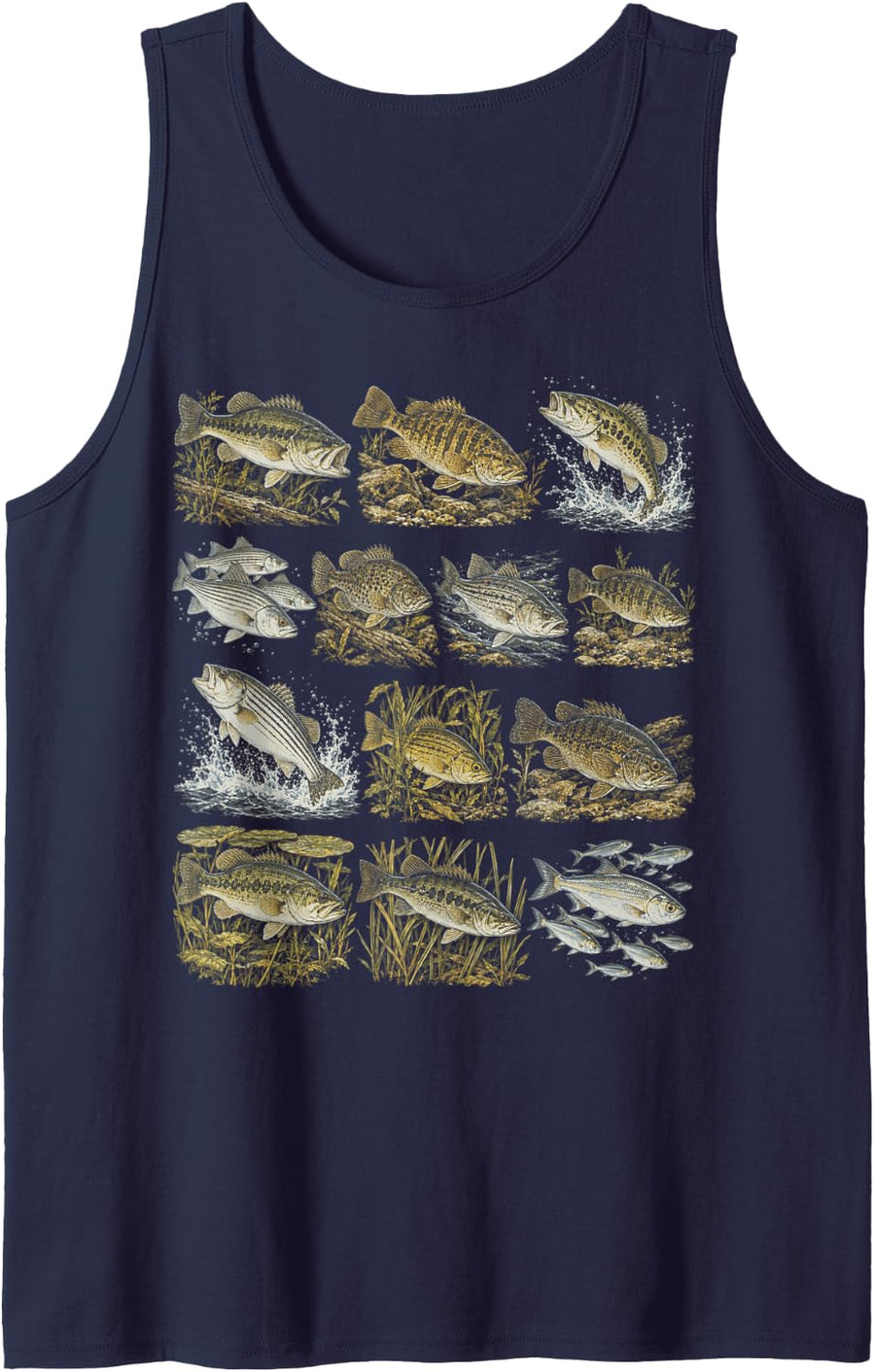 Fishing Bass Season Largemouth Striper Fish Collage Sleeveless Tank Top - Navy Blue