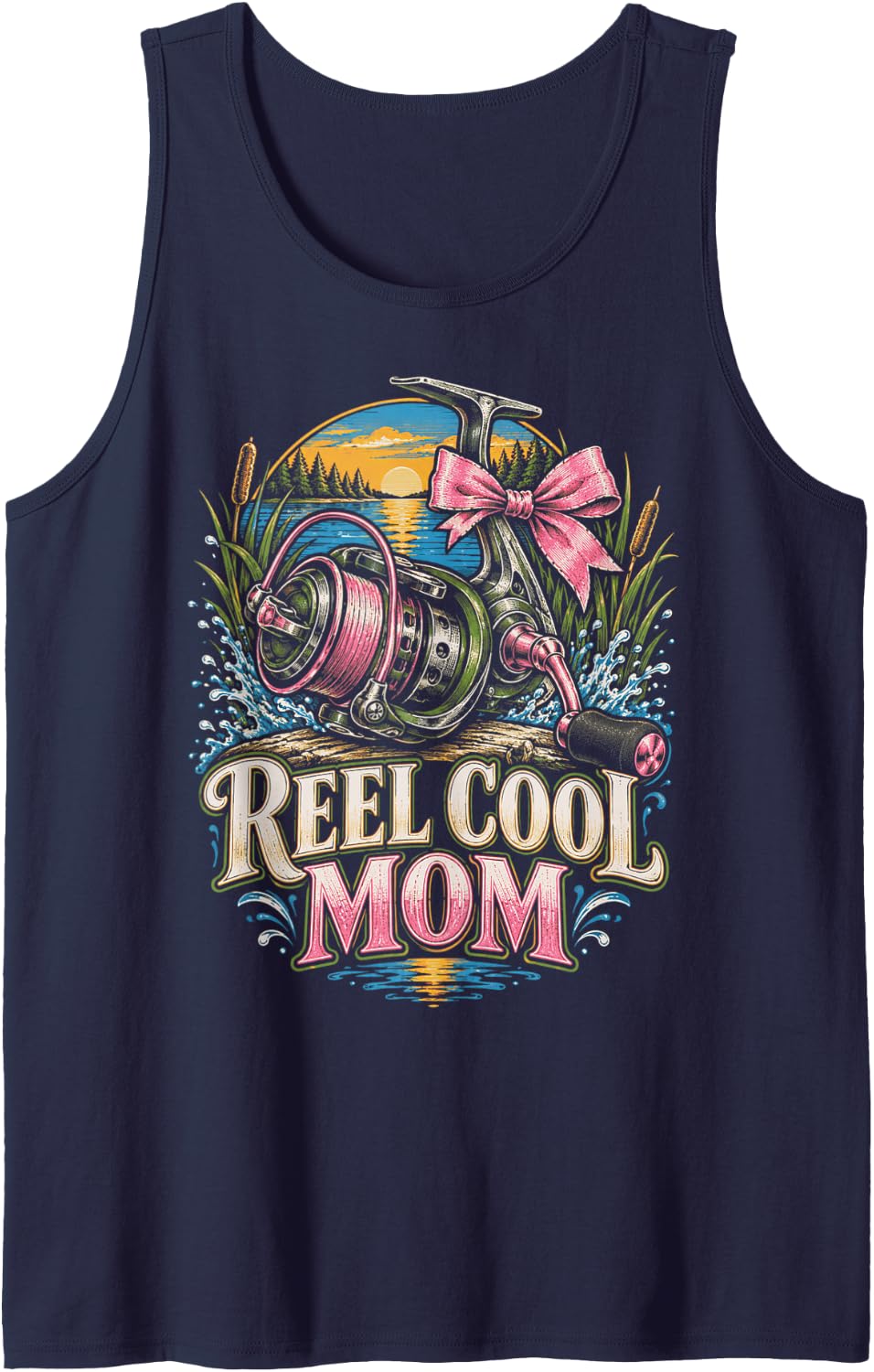 Fishing Bass Season Reel Cool Mom Fishing Lake Sunset Sleeveless Tank Top - Navy Blue