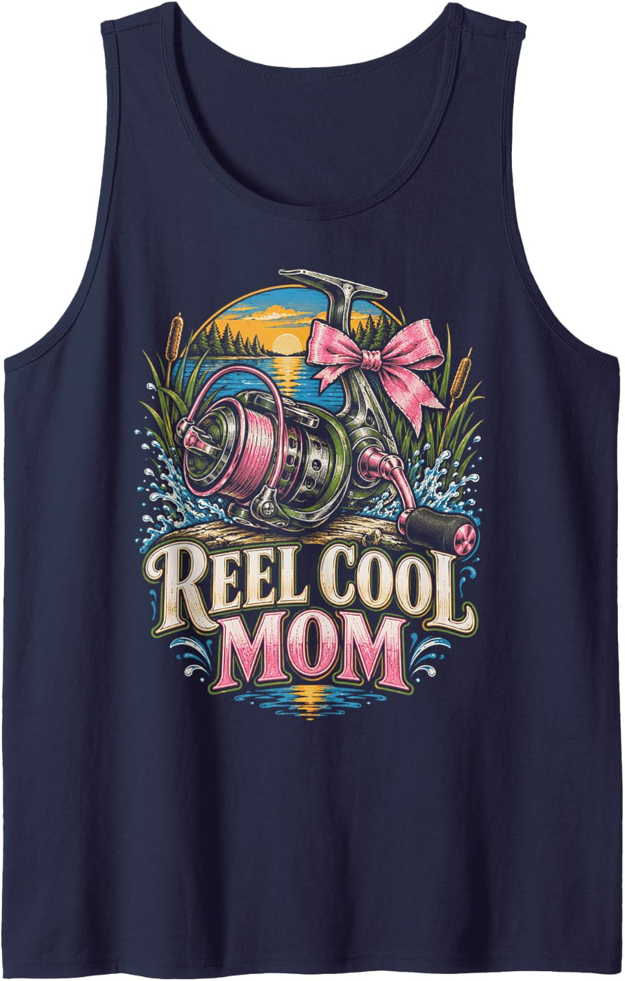 Fishing Bass Season Reel Cool Mom Fishing Lake Sunset Sleeveless Tank Top - Navy Blue