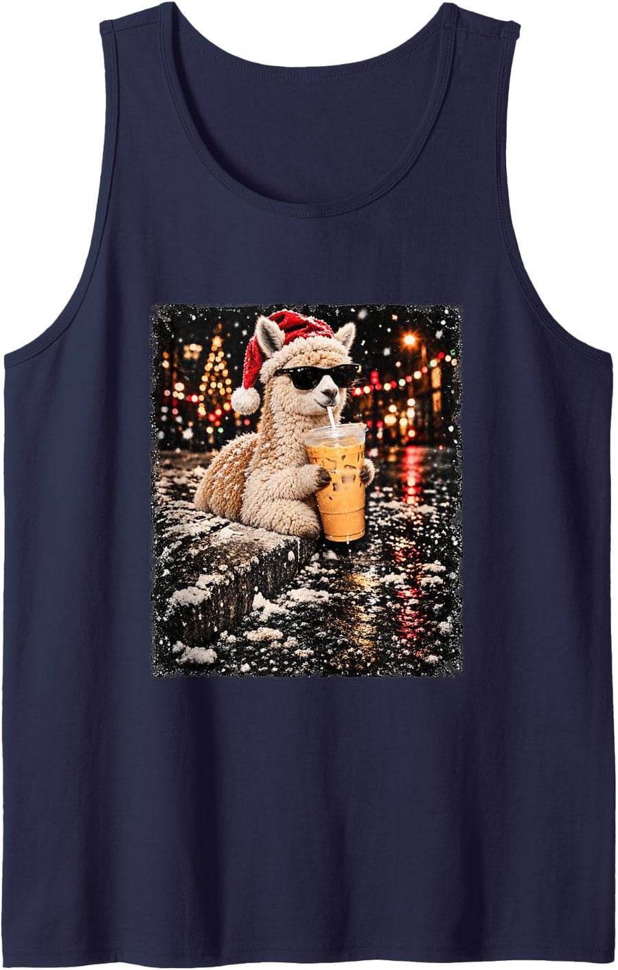Funny Alpaca Drinking Iced Coffee Christmas Animal Meme Sleeveless Tank Top - Navy Blue