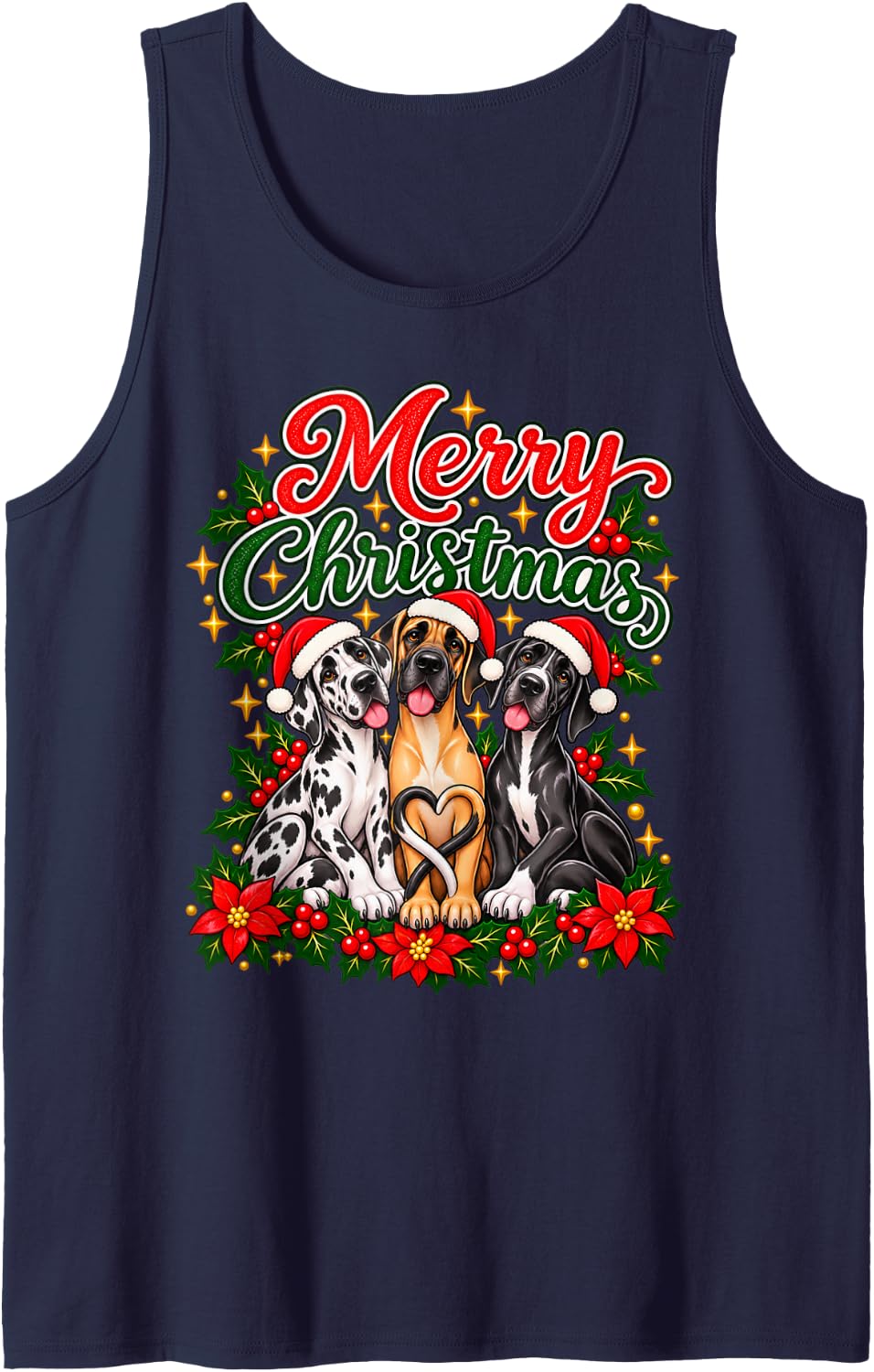 Merry Christmas Great Dane Sweet Loving Holiday Heart Sleeveless Tank Top - Navy Blue
