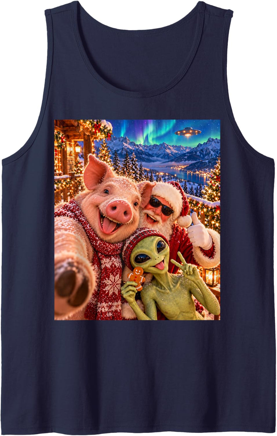 Pig Cheerful Christmas Selfie with Santa and Alien Sleeveless Tank Top - Navy Blue