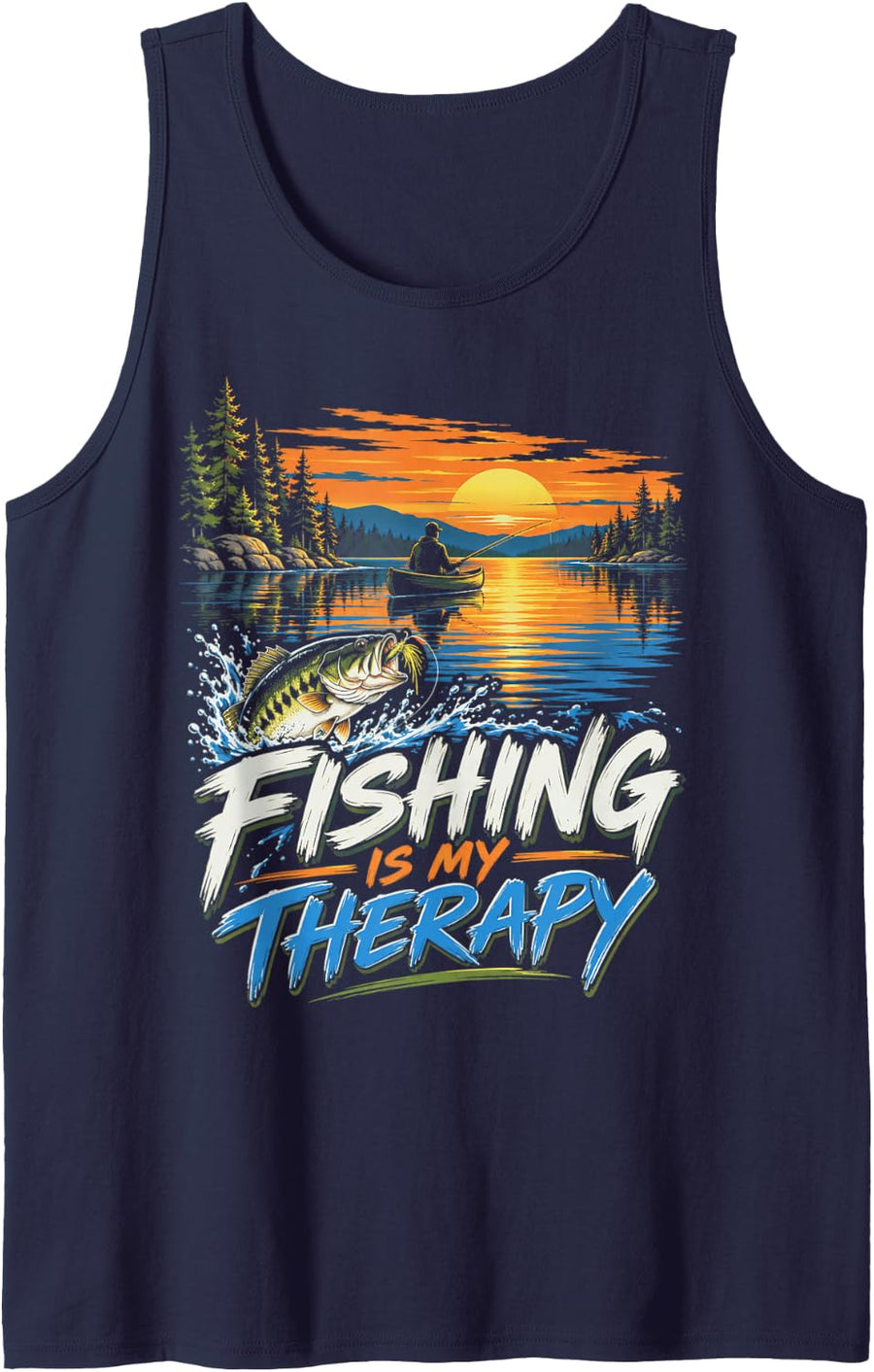 Fishing Bass Season Sunset Lake Canoe Therapy Sleeveless Tank Top - Navy Blue