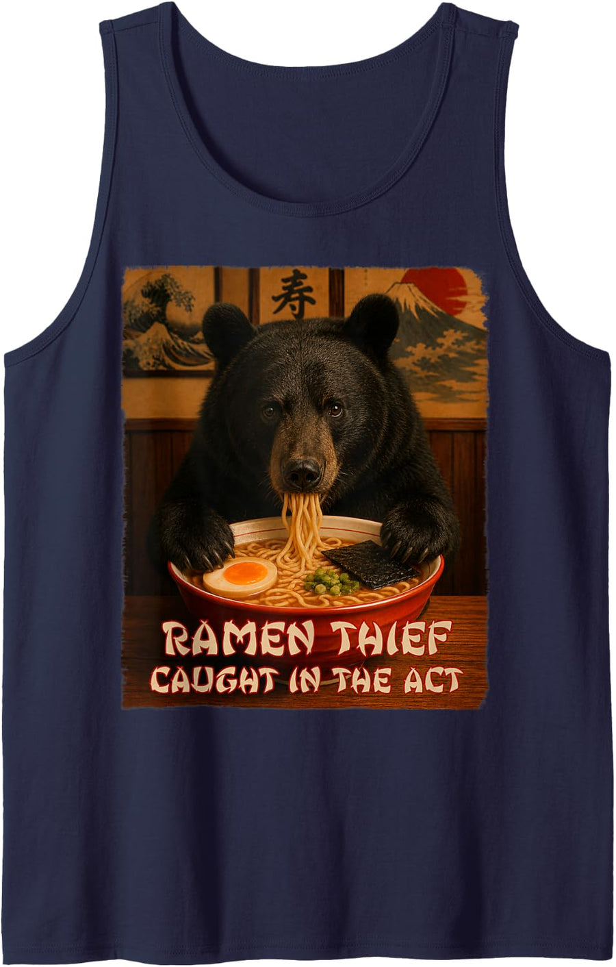 Funny Black Bear Graphic Tee - Ramen Thief Tank Top - Navy Blue