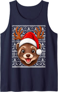 Ferret Christmas Santa Hat Ugly Sweater Cute Ferret Xmas Sleeveless Tank Top - Navy Blue