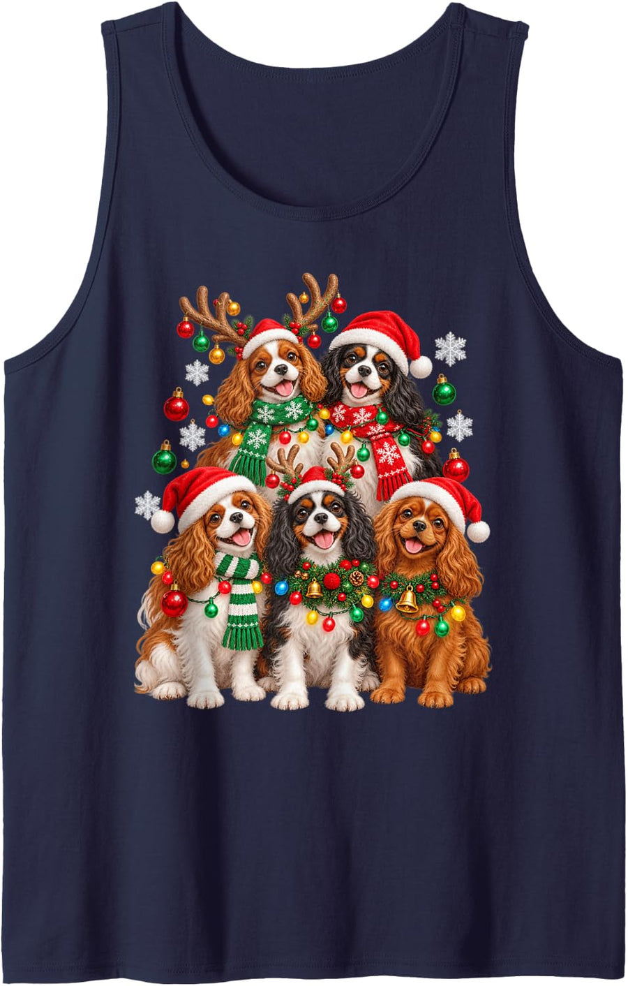 Christmas Lights Cat Santa Funny Xmas Trees Sleeveless Tank Top - Navy Blue