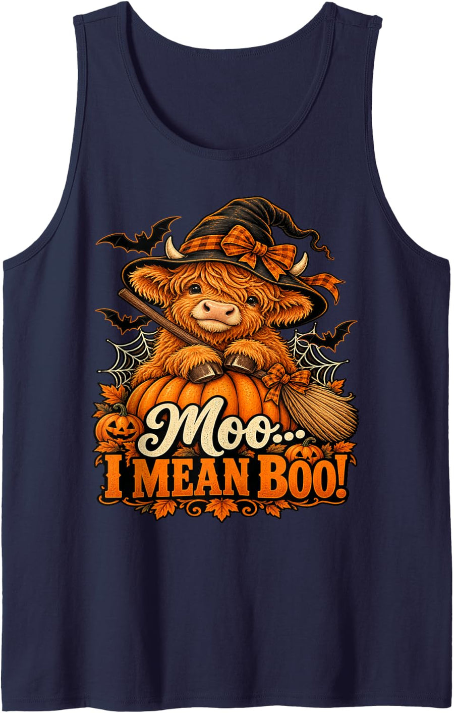 Halloween Highland Cow Witch Pumpkin - Moo... I Mean Boo! Sleeveless Tank Top - Navy Blue