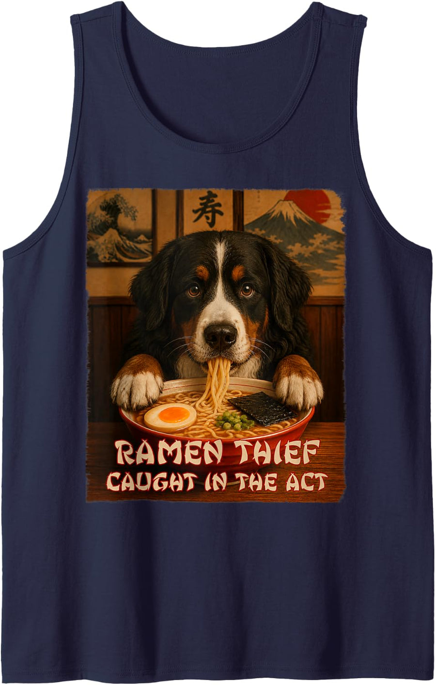 Funny Dog Tee - Bernese - Ramen Dog Thief Tank Top - Navy Blue