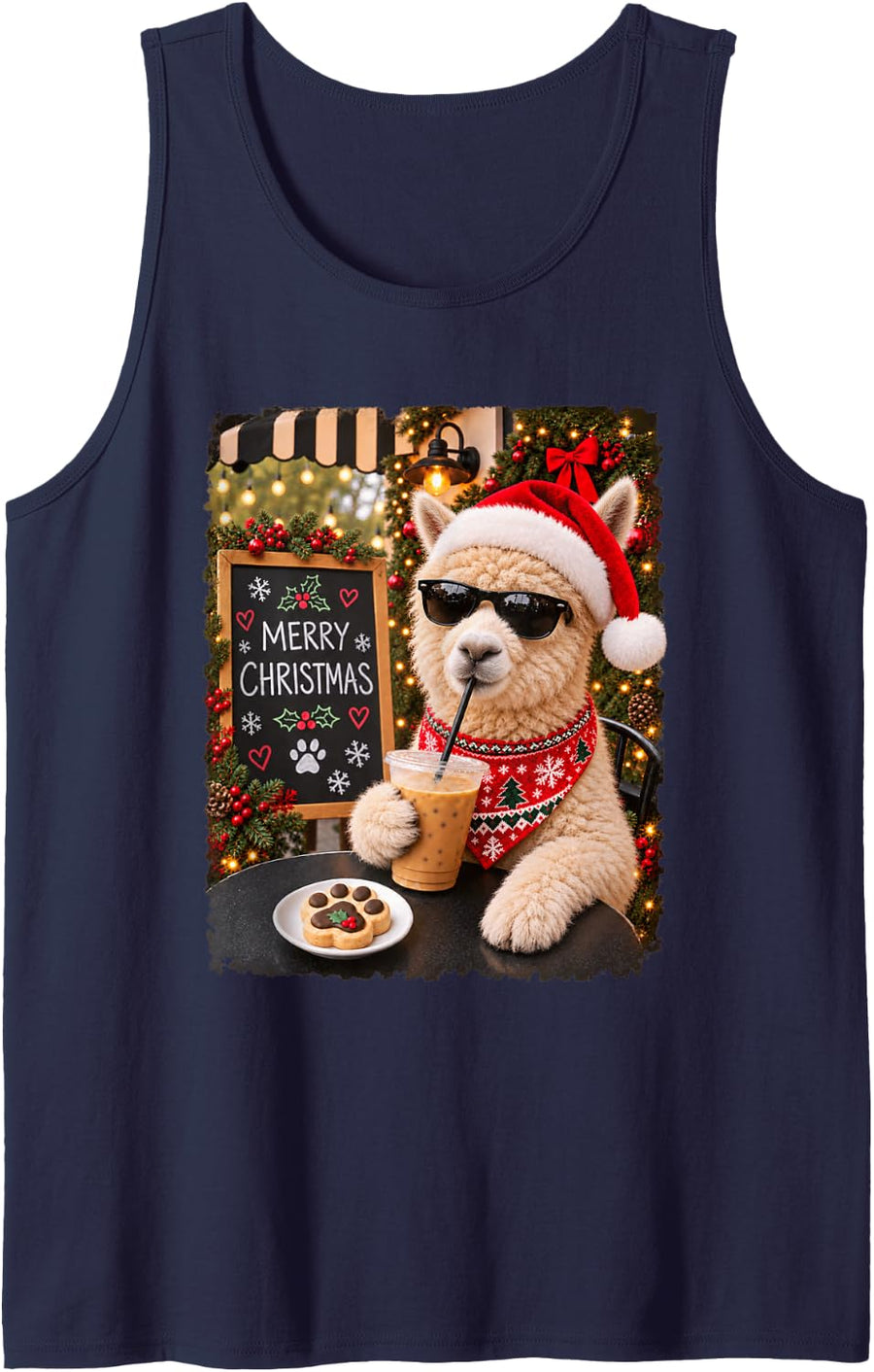 Merry Christmas Chill Alpaca Coffee Santa Hat Holiday Sleeveless Tank Top - Navy Blue