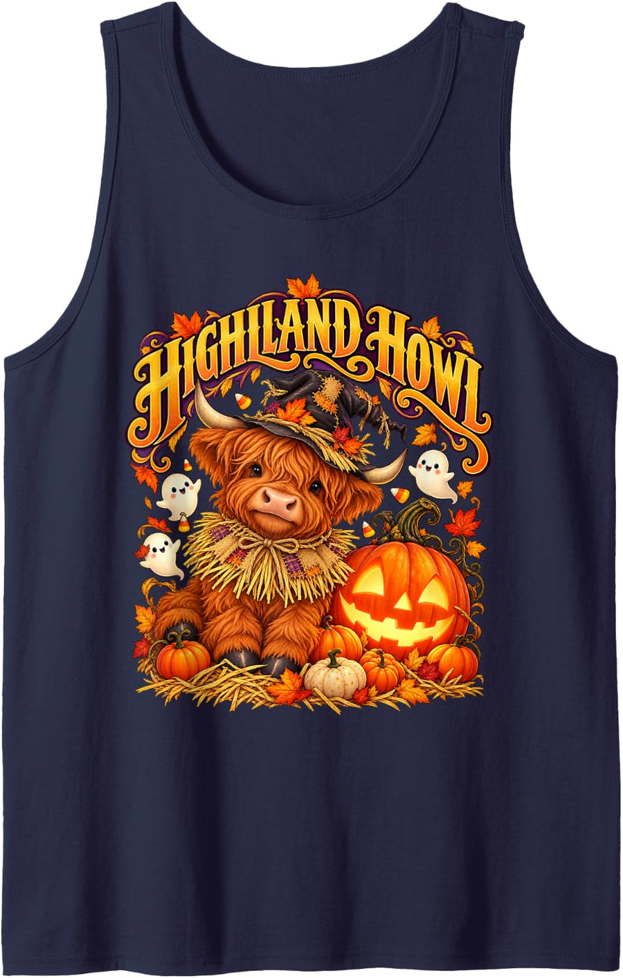 Highland Cow Scarecrow Fall Halloween - Highland Howl Sleeveless Tank Top - Navy Blue