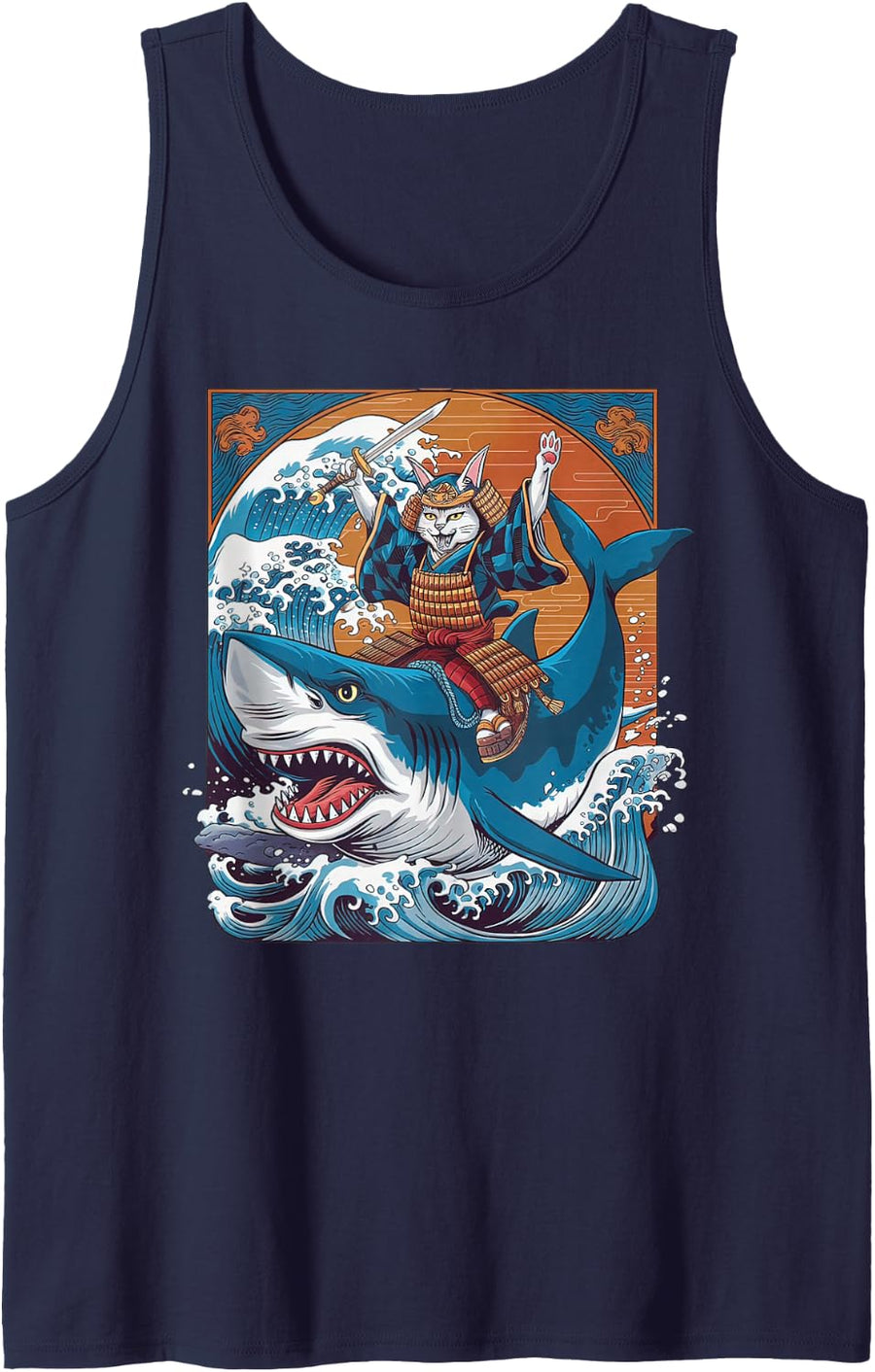 Vintage Japanese Great Wave Art Samurai Cat Riding Shark Sleeveless Tank Top - Navy Blue