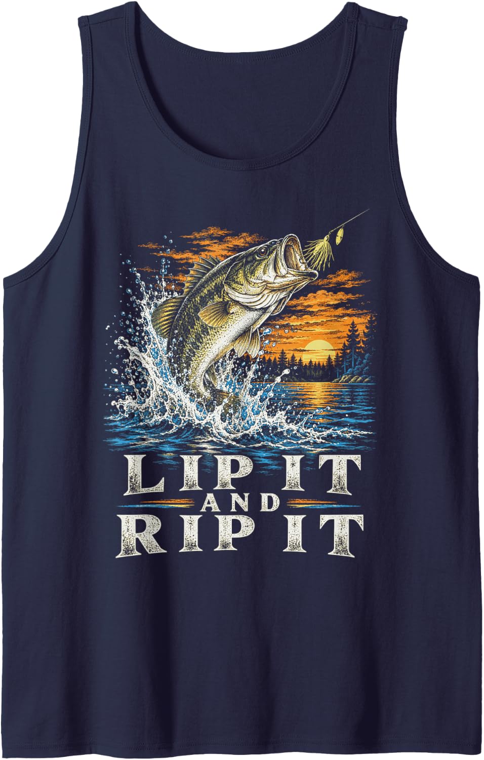 Fishing Bass Season Lip It and Rip It Largemouth Bass Sleeveless Tank Top - Navy Blue