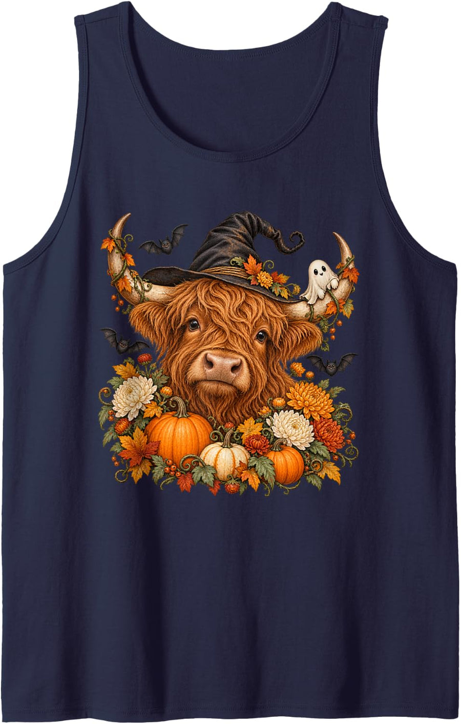 Vintage Halloween Highland Cow Witch Fall Floral Pumpkin Sleeveless Tank Top - Navy Blue