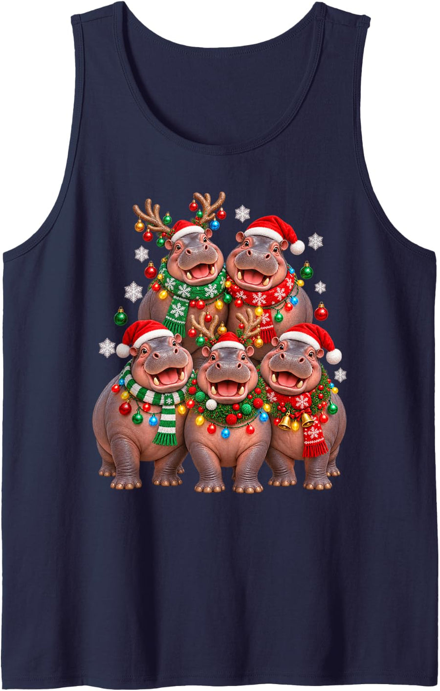Christmas Lights Hippo Santa Funny Xmas Trees Sleeveless Tank Top - Navy Blue