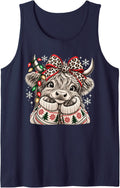 Cute Christmas Highland Cow Leopard Bow Xmas Lights Sleeveless Tank Top - Navy Blue