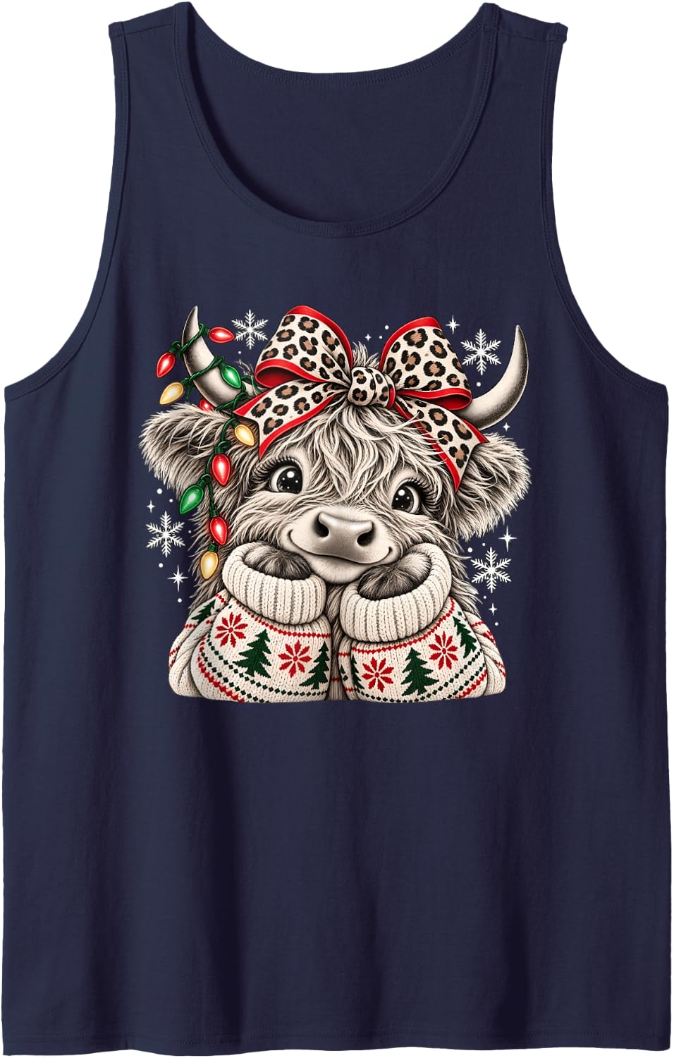 Cute Christmas Highland Cow Leopard Bow Xmas Lights Sleeveless Tank Top - Navy Blue