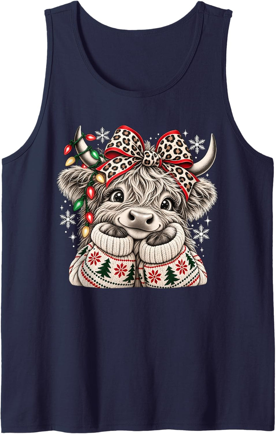 Cute Christmas Highland Cow Leopard Bow Xmas Lights Sleeveless Tank Top - Navy Blue