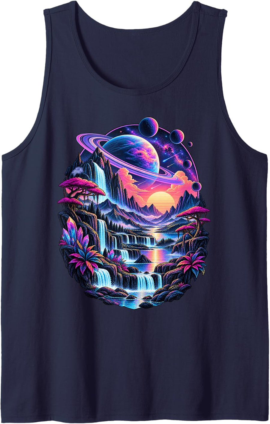 Vaporwave Alien Planet Waterfall Bonsai Tree Landscape Sleeveless Tank Top - Navy Blue