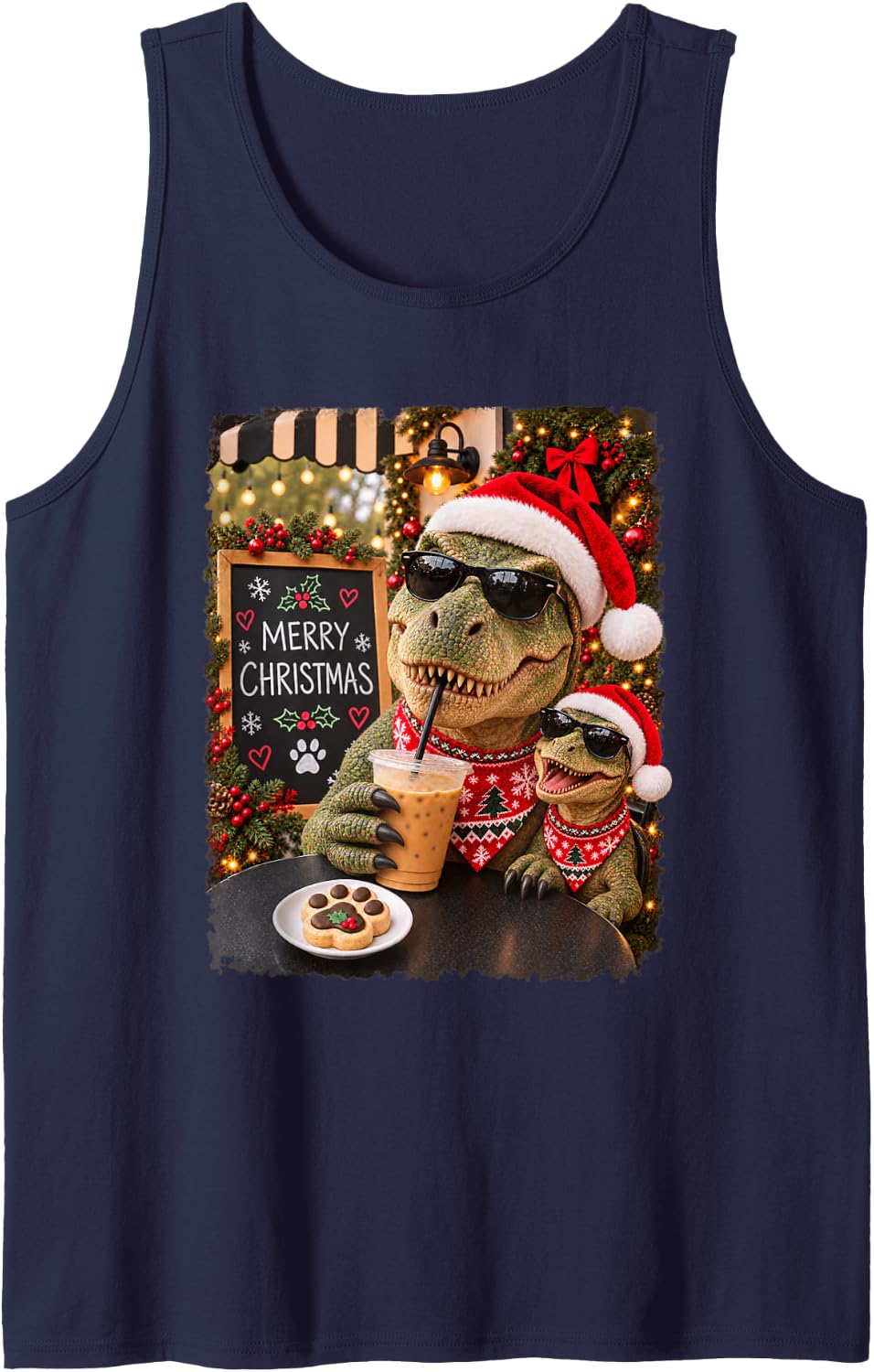 Merry Christmas Chill Dinosaurs Coffee Santa Hat Holiday Sleeveless Tank Top - Navy Blue