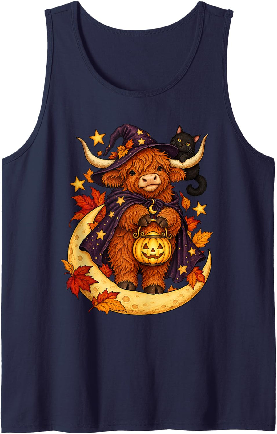 Highland Cow Witch Cape Moon & Cat - Witchy Halloween Calf Sleeveless Tank Top - Navy Blue