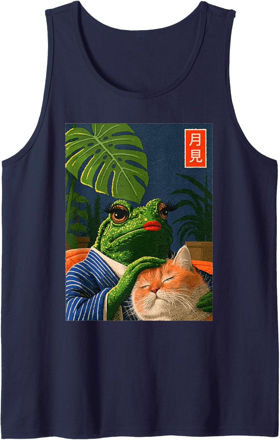 Funny Cat Frog Plant Lover Houseplant Japanese Men Women Sleeveless Tank Top - Navy Blue