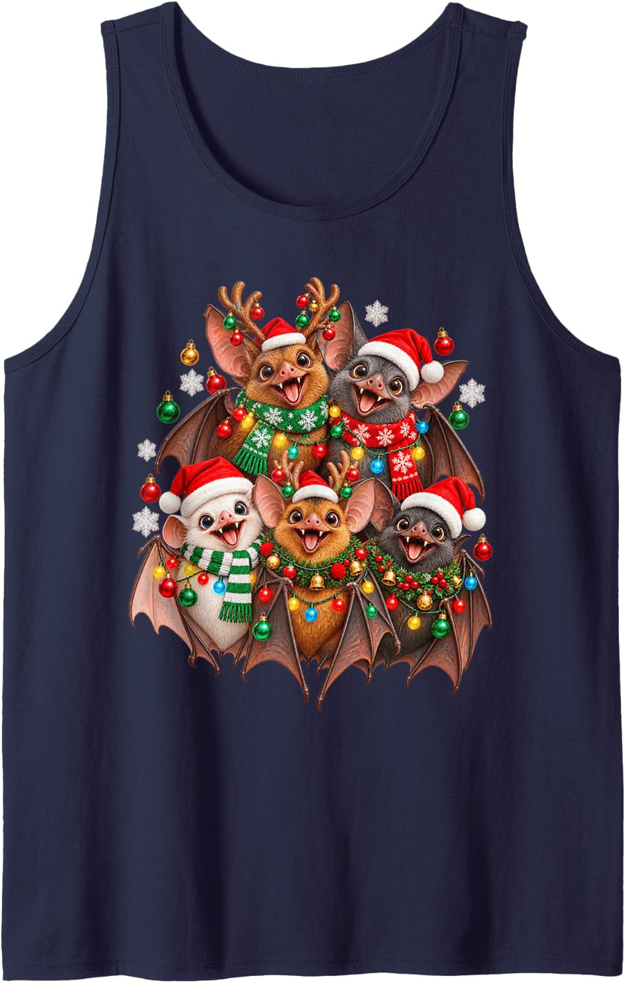 Christmas Lights Bat Santa Funny Xmas Trees Sleeveless Tank Top - Navy Blue