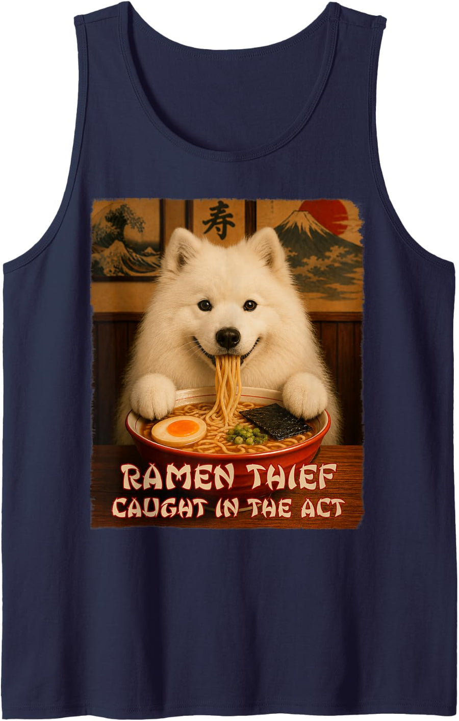 Funny Dog Tee - Samoyed - Ramen Dog Thief Tank Top - Navy Blue