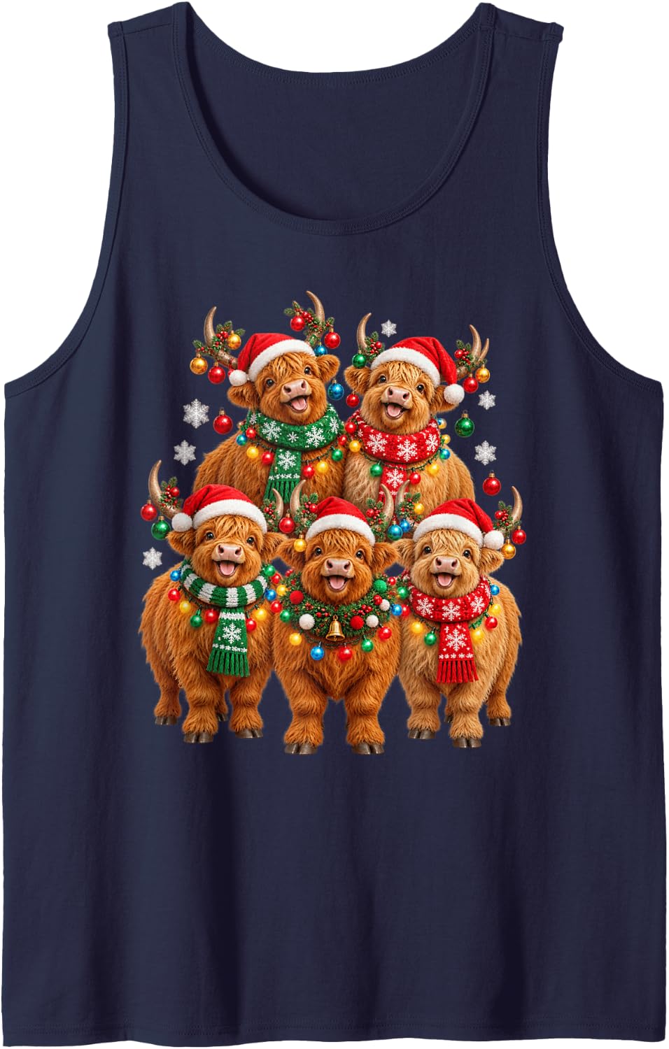 Christmas Lights Highland Cow Santa Funny Xmas Trees Sleeveless Tank Top - Navy Blue