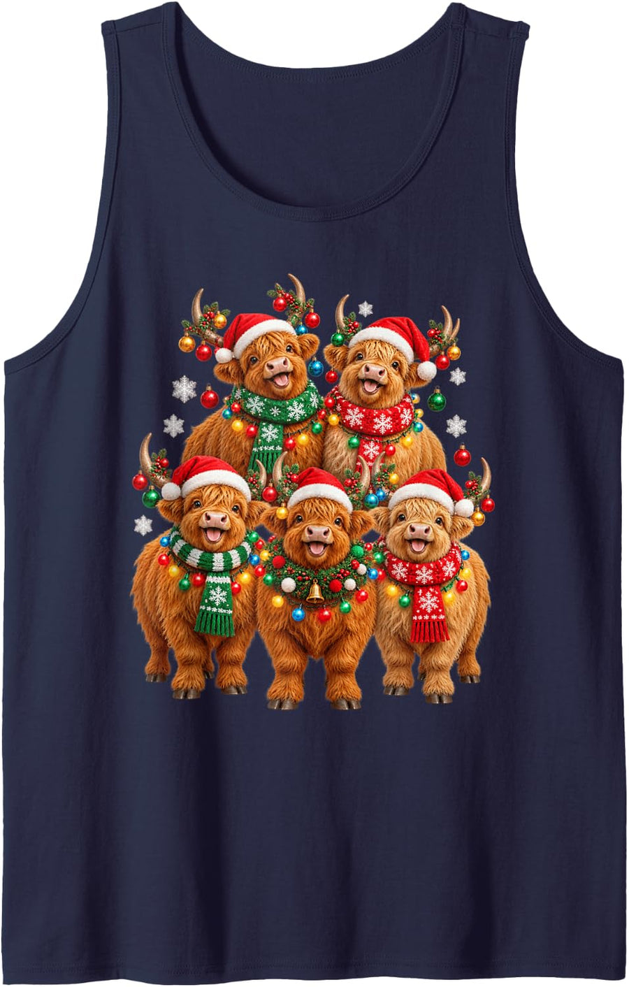 Christmas Lights Highland Cow Santa Funny Xmas Trees Sleeveless Tank Top - Navy Blue