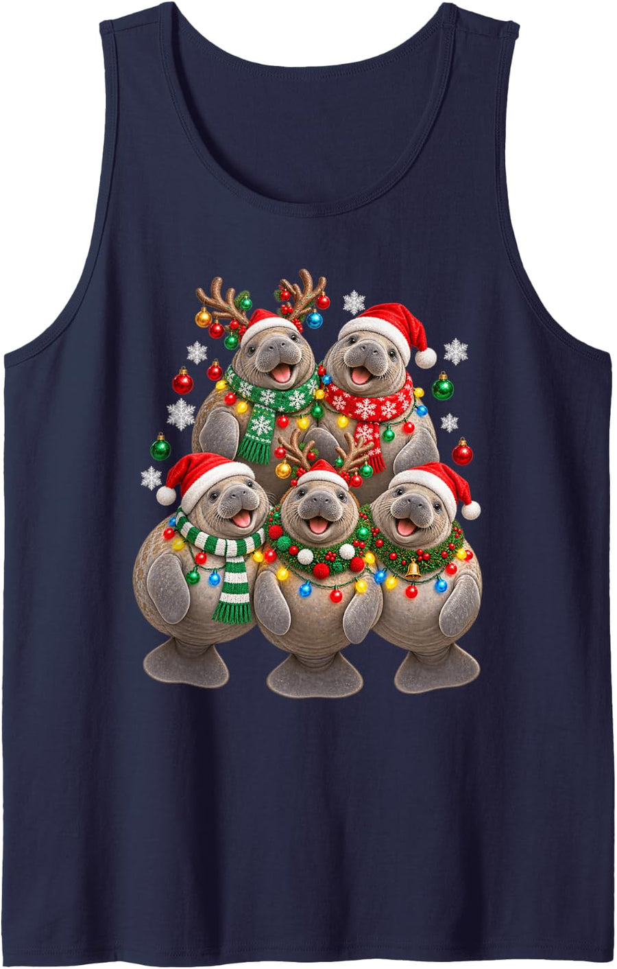 Christmas Lights Manatee Santa Funny Xmas Trees Sleeveless Tank Top - Navy Blue