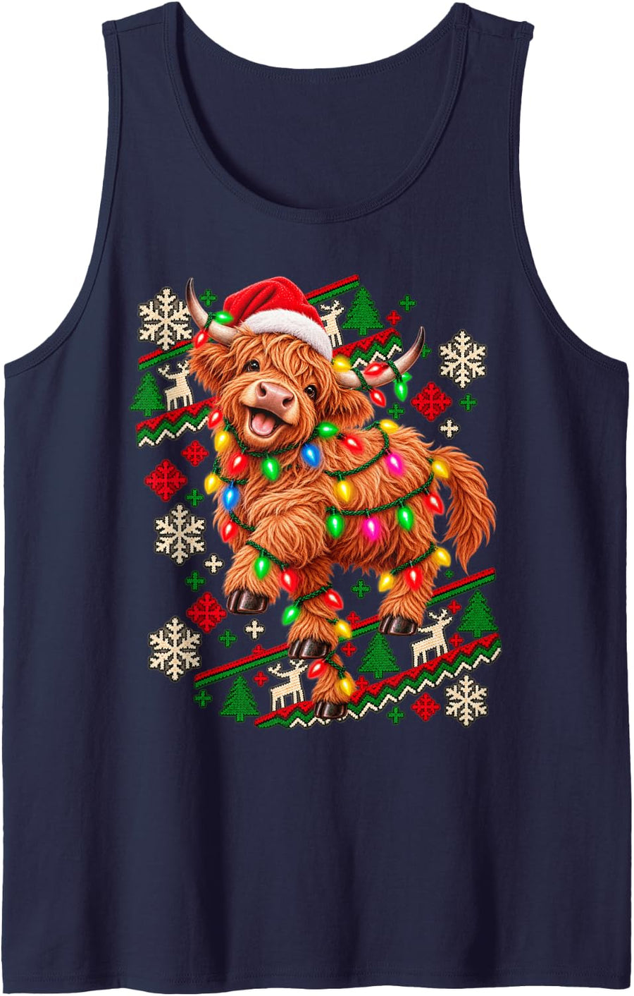 Christmas Lights Highland Cow Playful Holiday Design Sleeveless Tank Top - Navy Blue