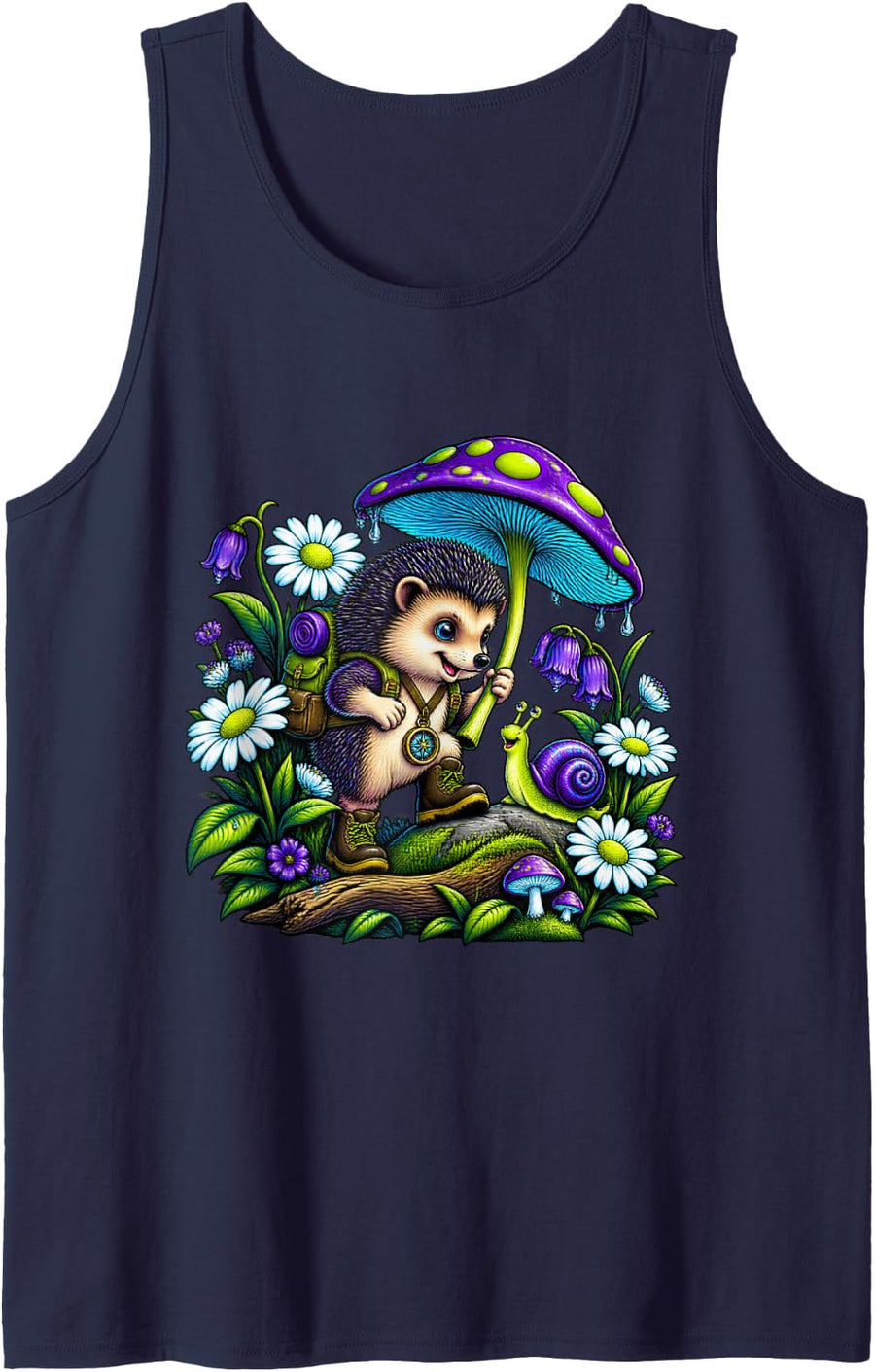 Hedgehog Explorer with Mushroom Umbrella Tank Top - Navy Blue