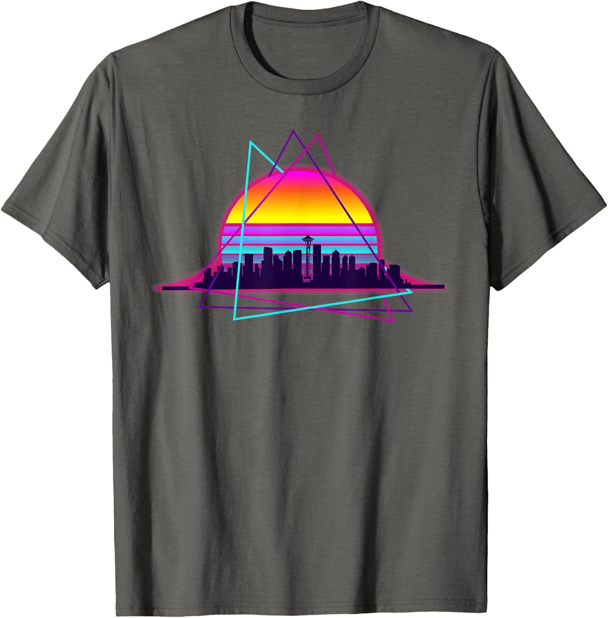 Retro Synthwave Seattle Skyline Space Needle New Retrowave T-Shirt - Asphalt Grey