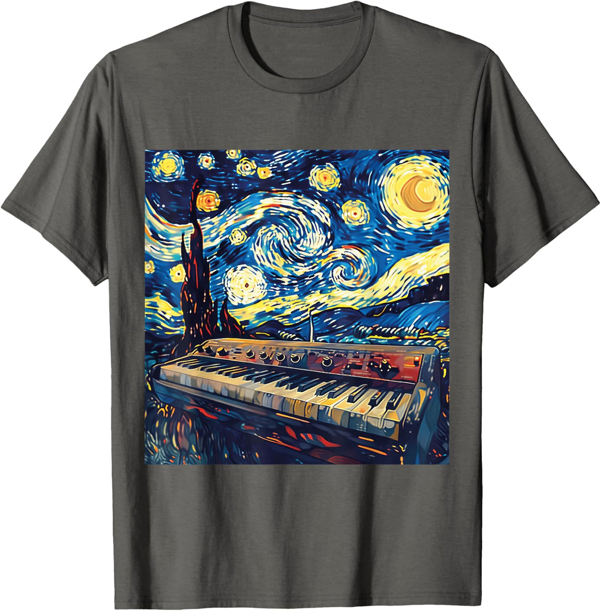Starry Synth Night Electronic Music Enthusiast Synthesizer T-Shirt - Asphalt Grey