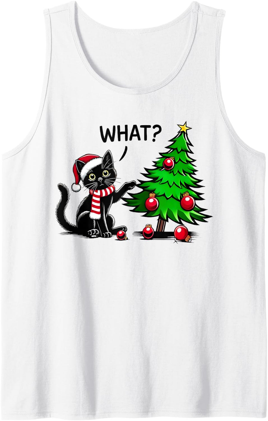 Funny Black Cat Pushing Christmas Tree Over Cat What Xmas Sleeveless Tank Top - White