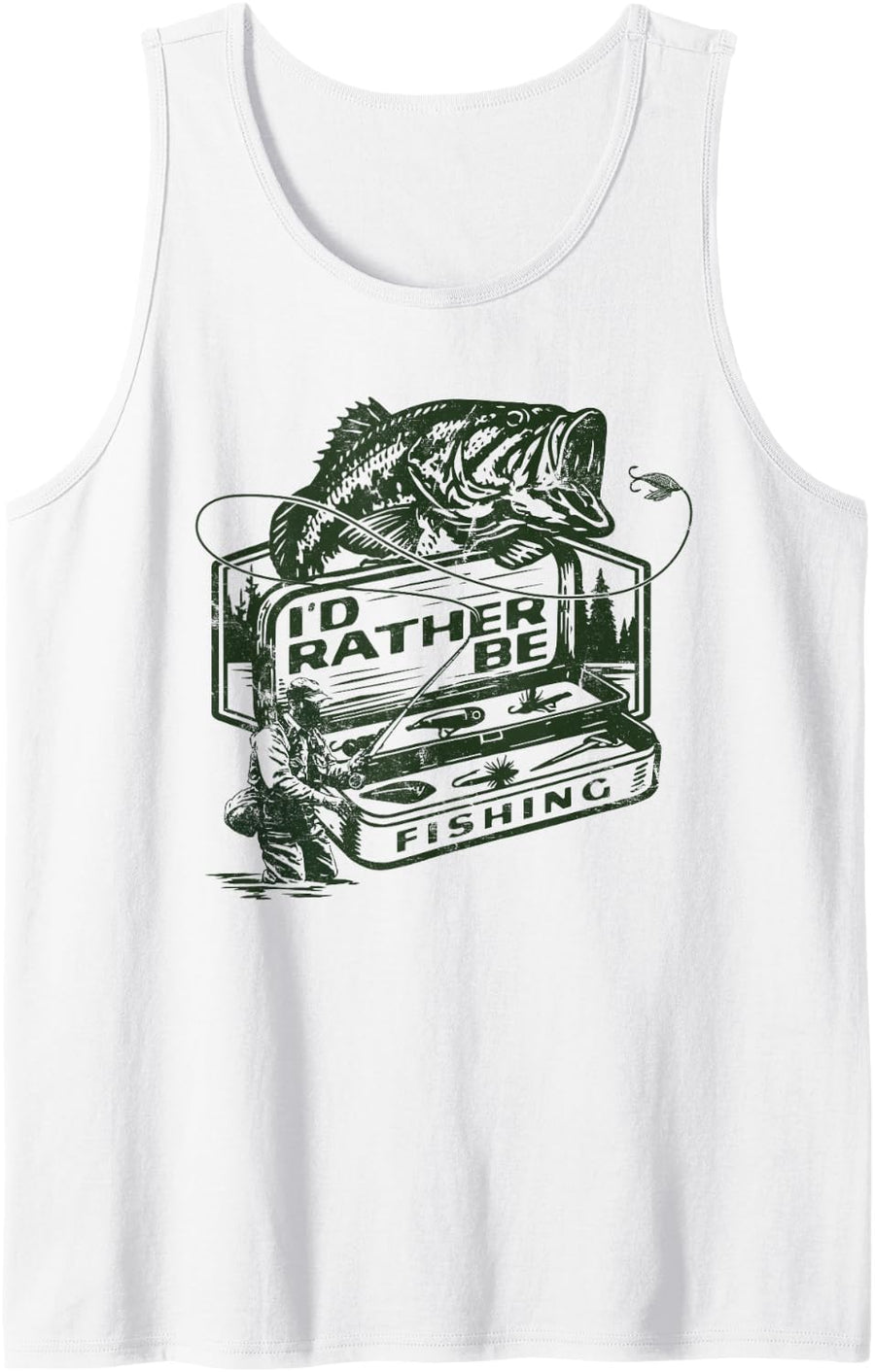 I'd Rather be Fishing Bass Fisher Distressed Sleeveless Tank Top - White