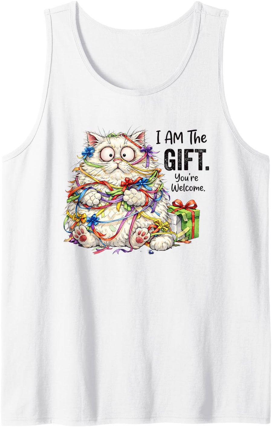 Sarcastic Feline Present Cat Wrapped Ribbons Sleeveless Tank Top - White